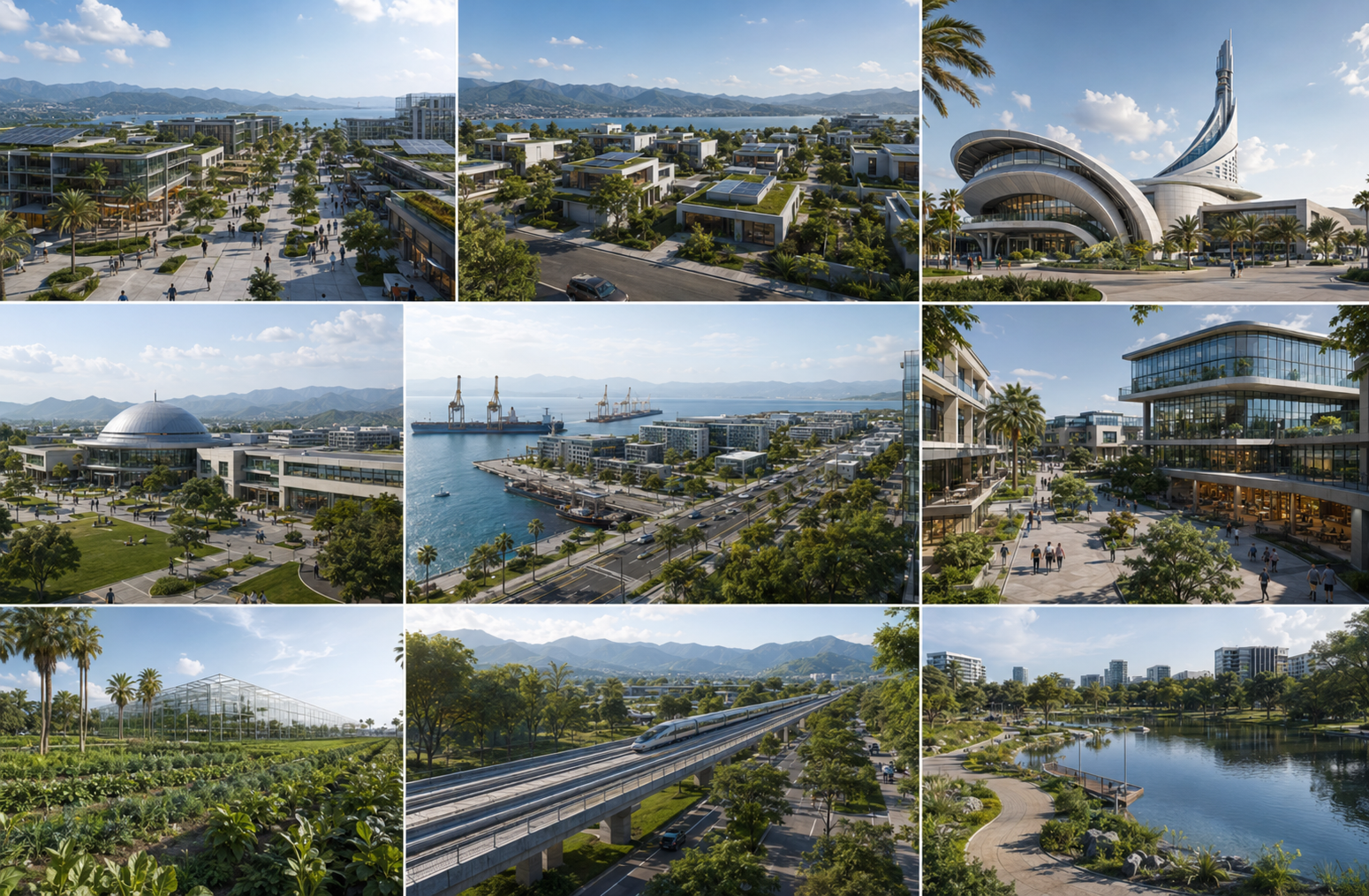 Múltiples vistas de la ciudad: plazas, puerto, tren bala, energía renovable y parques
